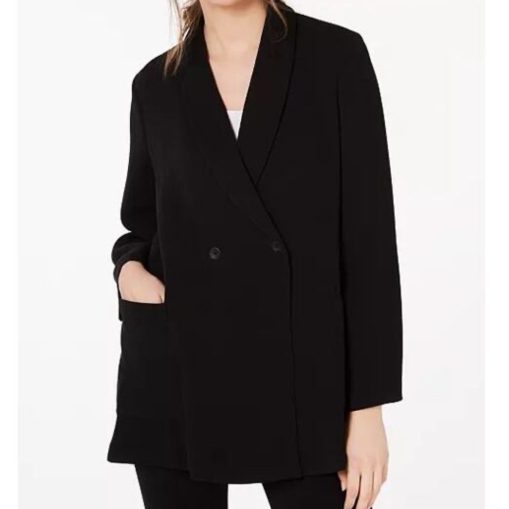 Eileen Fisher black blazer double breasted rayon silk blend textured large